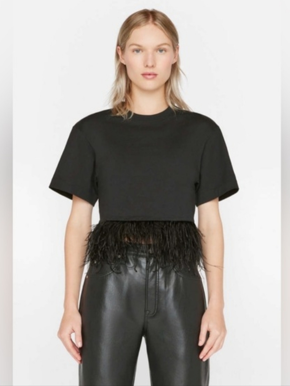 Frame Denim Ostrich Feather Trim Crop T-Shirt XS Excellent Condition